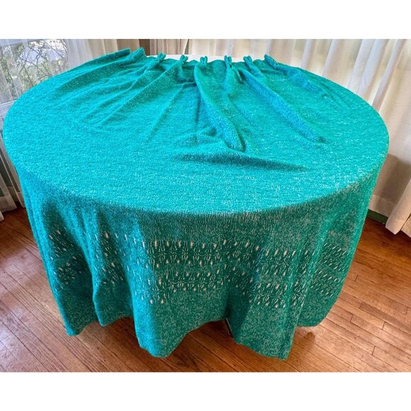 Vintage 70 curtain, deep teal jewel tone, white embroidered detail, thick woven - Picture 1 of 10